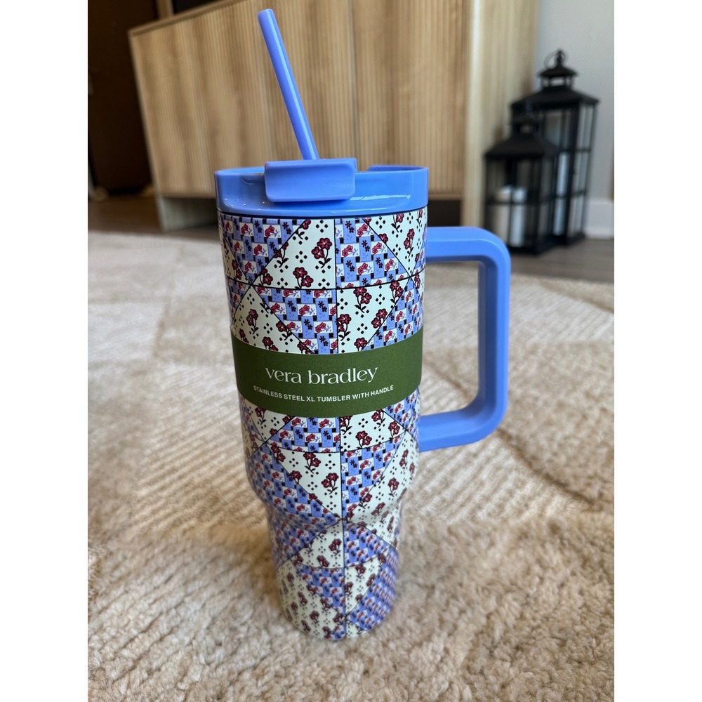 Vera Bradley Stainless Steel XL Tumbler with Handle Floral Patchwork Blue Purple